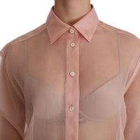 Pink See Through Collared Shirt Top Blouse