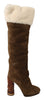 Brown Suede Shearling Knee High Boots Shoes