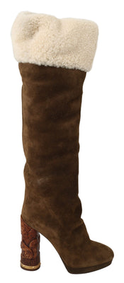 Brown Suede Shearling Knee High Boots Shoes