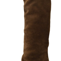 Brown Suede Shearling Knee High Boots Shoes