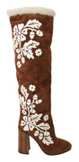 Brown Suede Floral Knee High Boots Shoes