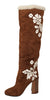 Brown Suede Floral Knee High Boots Shoes
