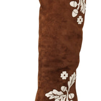 Brown Suede Floral Knee High Boots Shoes