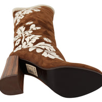 Brown Suede Floral Knee High Boots Shoes