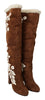 Brown Suede Floral Knee High Boots Shoes