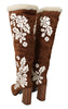 Brown Suede Floral Knee High Boots Shoes