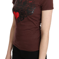 Brown Hearts Printed Round Neck T-shirt Top