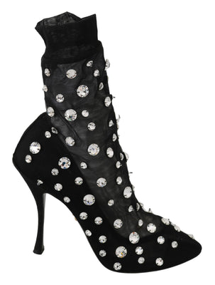 Black Tulle Crystals Ankle High Booties Shoes