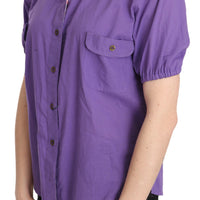 Purple Floral Lining Short Sleeve Polo Top Blouse