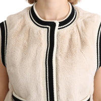 Beige Fur Sleeveless Vest Polyester Top