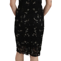 Black Floral Lace Crystal Sheath Dress