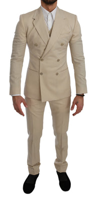 Beige Double Breasted 3 Piece Wool Suit