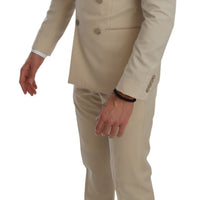 Beige Double Breasted 3 Piece Wool Suit