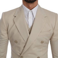 Beige Double Breasted 3 Piece Wool Suit