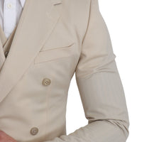 Beige Double Breasted 3 Piece Wool Suit