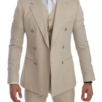 Beige Double Breasted 3 Piece Wool Suit