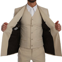 Beige Double Breasted 3 Piece Wool Suit