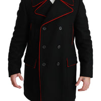 Black Red Wool Stretch Trenchcoat Jacket