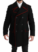 Black Red Wool Stretch Trenchcoat Jacket