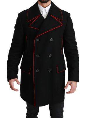 Black Red Wool Stretch Trenchcoat Jacket