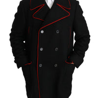 Black Red Wool Stretch Trenchcoat Jacket