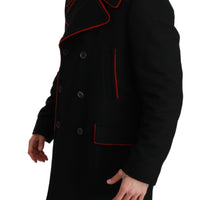 Black Red Wool Stretch Trenchcoat Jacket