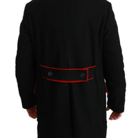 Black Red Wool Stretch Trenchcoat Jacket