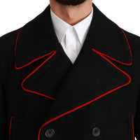 Black Red Wool Stretch Trenchcoat Jacket