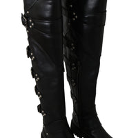 Black Leather Over Knee Biker Boots