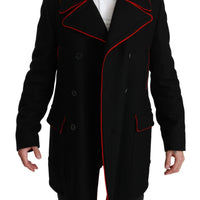 Black Red Wool Stretch Trenchcoat Jacket