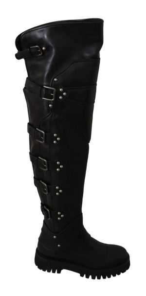 Black Leather Over Knee Biker Boots