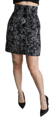 Black Floral Brocade A-line High Waist Skirt