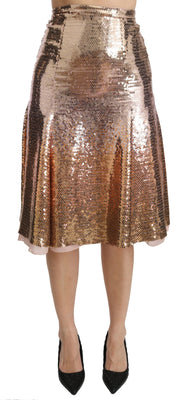 Gold Sequined High Waist Midi Skirt