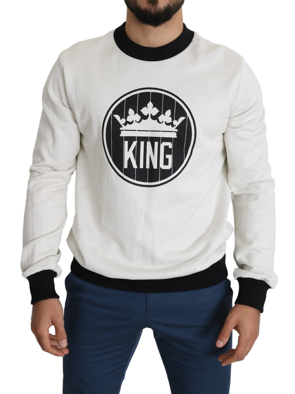White Crown King Print Cotton Pullover Sweater