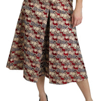 Beige Red Brocade High Waist Pleated Midi Skirt