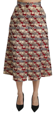 Beige Red Brocade High Waist Pleated Midi Skirt