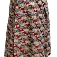 Beige Red Brocade High Waist Pleated Midi Skirt