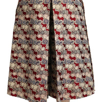 Beige Red Brocade High Waist Pleated Midi Skirt