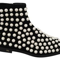 Black Suede Pearl Studs Boots Shoes