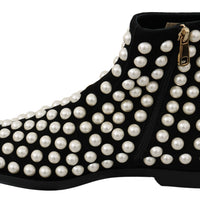 Black Suede Pearl Studs Boots Shoes