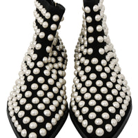 Black Suede Pearl Studs Boots Shoes