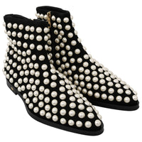 Black Suede Pearl Studs Boots Shoes