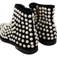 Black Suede Pearl Studs Boots Shoes