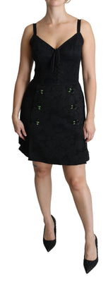 Black Rose Appliqué Sheath Mini Jaquard Dress