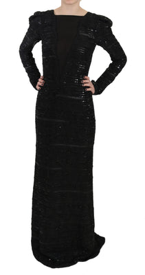 Black Silk Full Length Sequined Gown Dress