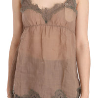 Brown Lace Spaghetti Strap Plunging Top Blouse