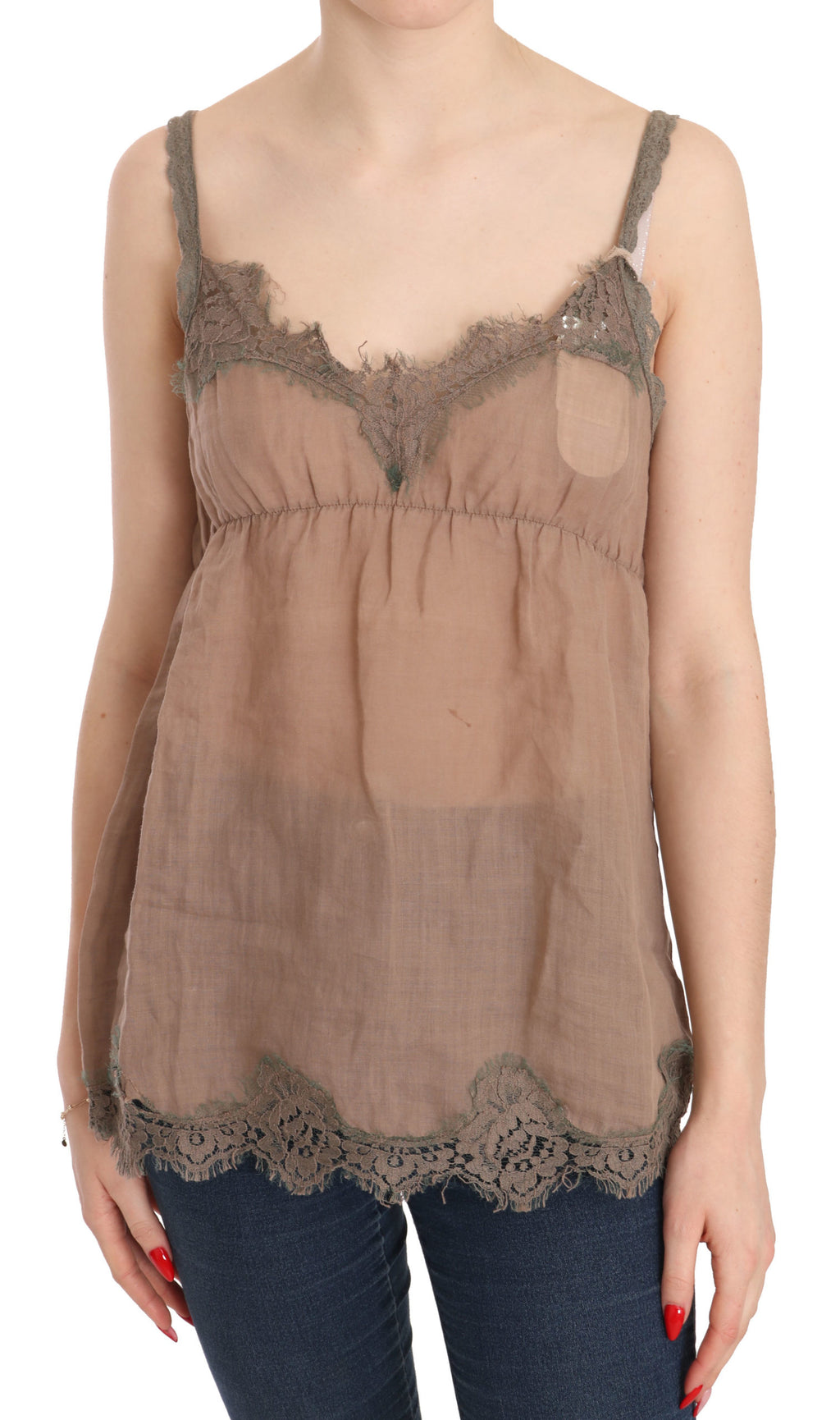 Brown Lace Spaghetti Strap Plunging Top Blouse