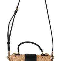 Beige Straw Fiber Black Leather Handbag Borse  Bag
