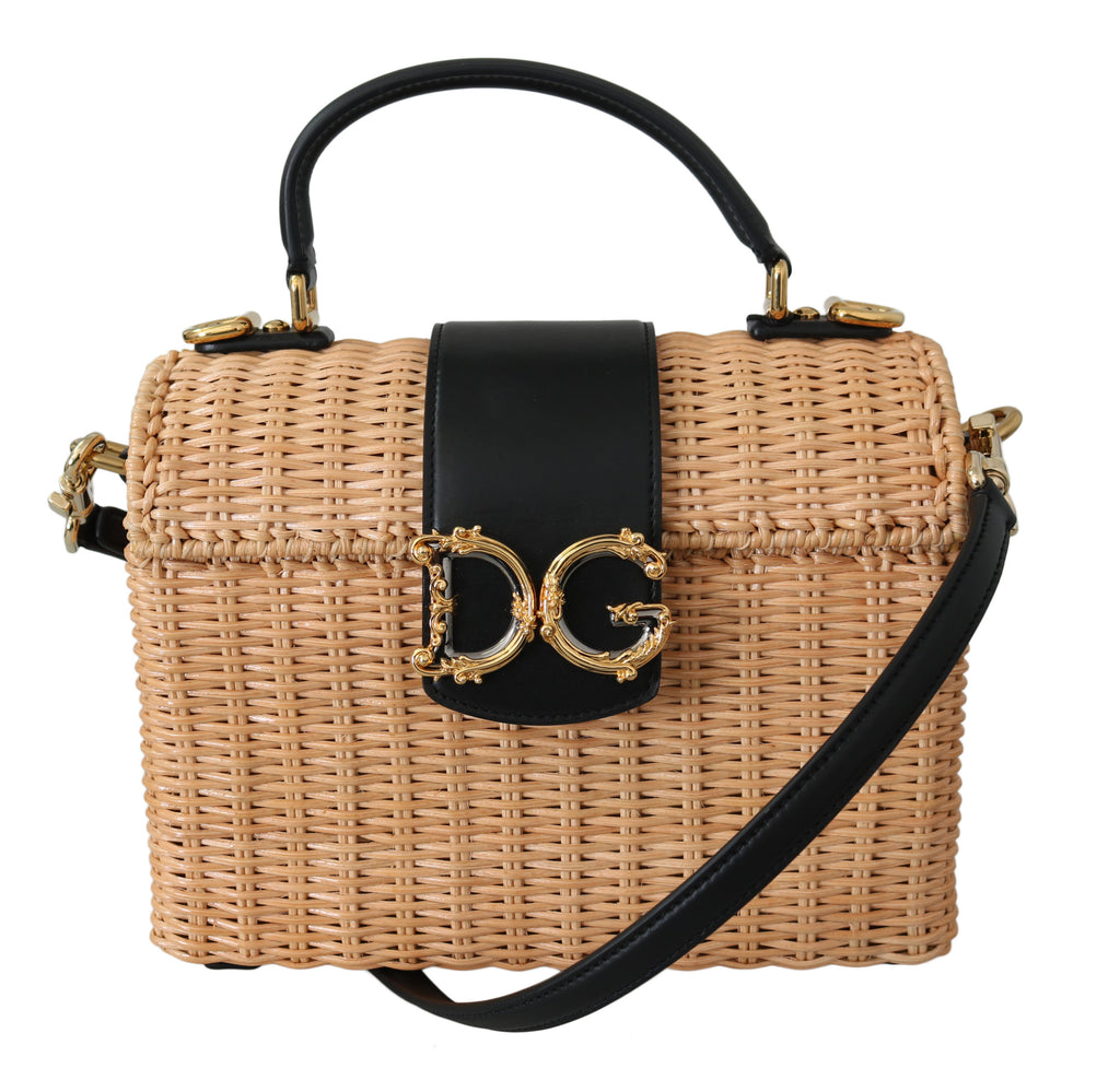 Beige Straw Fiber Black Leather Handbag Borse  Bag