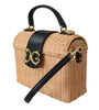 Beige Straw Fiber Black Leather Handbag Borse  Bag